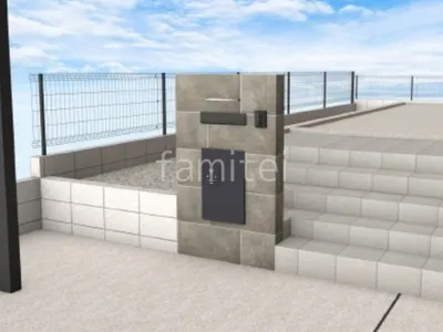 タイル門柱　メッシュフェンス