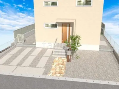 乱形石と角柱門柱が温かみのある新築ナチュラル オープン外構