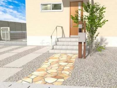 アプローチ 乱形石 角柱門柱 シンボルツリー