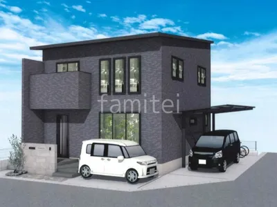 大きなタイル門柱と乱形石のアプローチが高級感のある新築シンプル オープン外構