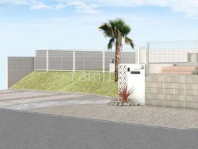 乱形石と洗出し仕上げのアプローチが個性のある新築ナチュラル オープン外構