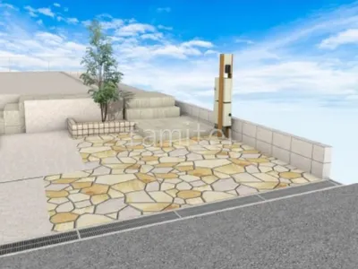 乱形石とウッドデッキが自然な風合いの新築ナチュラル オープン外構