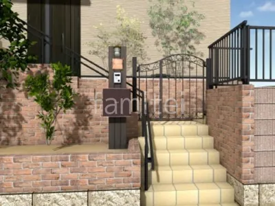 階段タイル貼り　機能門柱　親子開き門扉