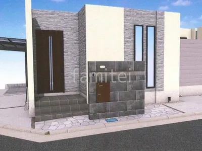 アクセントラインの入ったタイル門柱がモダンな新築シンプル オープン外構