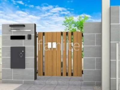 タイル門柱と木調門扉の組み合わせがオシャレな新築シンプル オープン外構