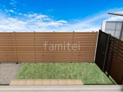 目隠しフェンス　片開き門扉　タイル貼り階段　人工芝