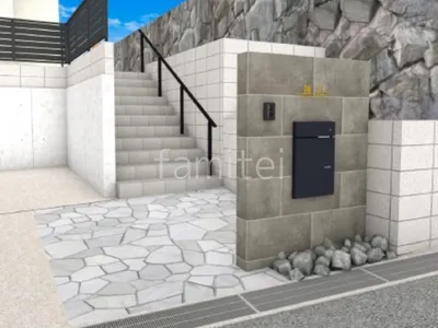 タイル門柱と乱形石のアプローチが上質な新築シンプル オープン外構