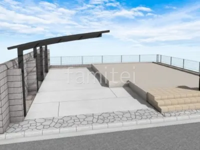 奥行きのあるカーポートで新築シンプル オープン外構