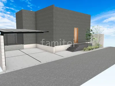 開口の広い片側支持カーポートの新築ベーシック オープン外構