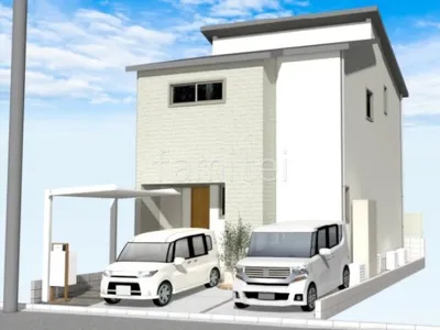 タイルとピンコロ石を組み合わせたアプローチが個性的な新築シンプル オープン外構