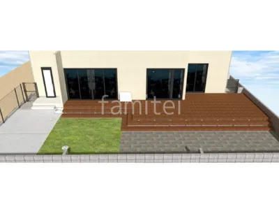 ウッドデッキ　人工芝　床タイル貼り