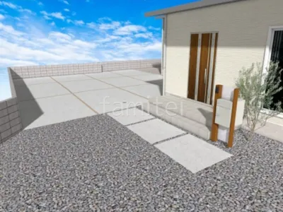 木調の機能門柱とシンボルツリーの組み合わせが温かみのある新築ベーシック オープン外構