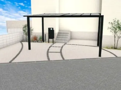 奥行違いのカーポートが特徴的な新築シンプル オープン外構