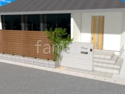 目隠しフェンス　シンボルツリー　タイル門柱　タイルアプローチ