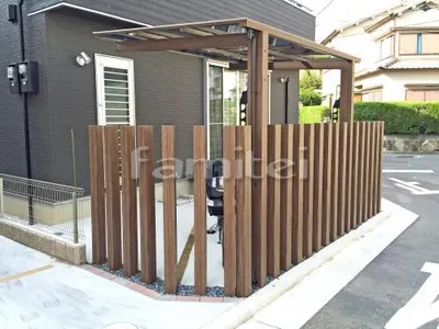 フル木製調自転車バイク屋根 TAKASHOタカショー アートポートミニ F型フラット屋根 サイクルポート 駐輪場屋根 木製調デザインアルミ角柱 スリットフェンス用格子材 角材