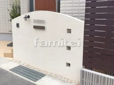 洋風門柱 塗り壁 四国化成 パレットHG塗装 154 ラフ仕上げ スリット加工 R加工カーブ曲線デザイン