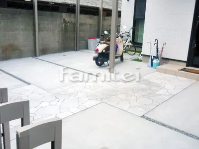 玄関アプローチ 床石貼り 乱形石 石英岩 ホワイト 駐車場ガレージ床 土間コンクリート 化粧砂利目地 黒玉石