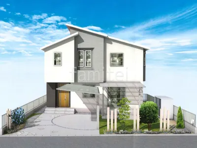 玄関アプローチに散りばめられた乱形石が印象的な新築ベーシック オープン外構