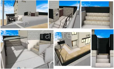 玄関アプローチ床 土間コンクリート 手すり(手摺) タイル門柱 玄関門扉 カーポート1台+延長 土留め 目隠しフェンス塀 化粧ブロック積 勝手口門扉