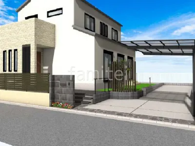 大判タイルの門柱がモダンな新築シンプル オープン外構