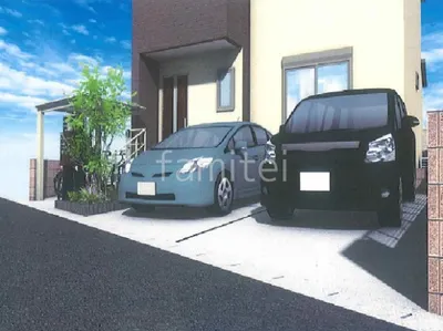 黒いタイル階段が印象的な新築ベーシック オープン外構