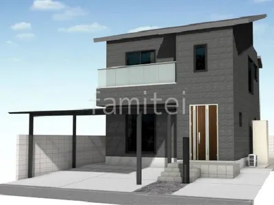 黒い乱形石アプローチがモダンな新築ベーシック オープン外構