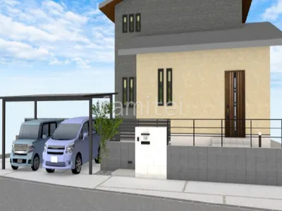 白い大判タイル門柱が美しい新築シンプル オープン外構