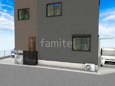 石目調タイル門柱が印象的な新築シンプル オープン外構