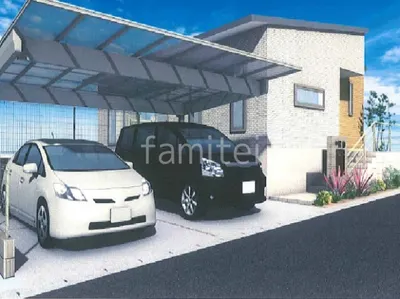 後方支持カーポートが目を惹く新築ベーシック オープン外構