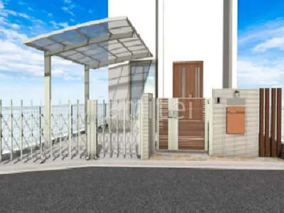 タイル門柱と乱形石アプローチが特徴的な新築シンプル クローズ外構