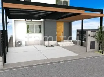 木調の吊り下げ屋根カーポートが魅せる和モダン外構