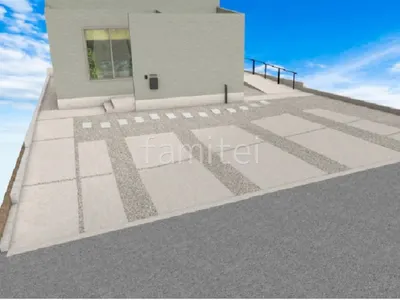 平板敷きがアクセントのシンプルな新築オープン外構　