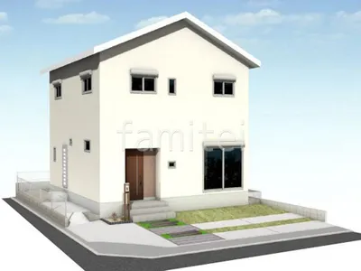 人工芝と枕木のアプローチの新築ベーシック オープン外構