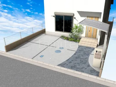 黒い乱形石アプローチがカッコいい新築ベーシック オープン外構