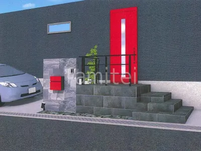 タイル門柱とアプローチが美しい新築シンプル オープン外構