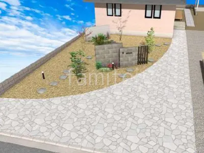 広い乱形石アプローチが印象的な新築シンプル オープン外構