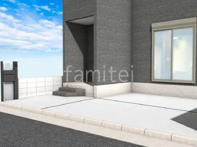 機能門柱と土間コンクリートでスタンダードな新築ベーシック オープン外構