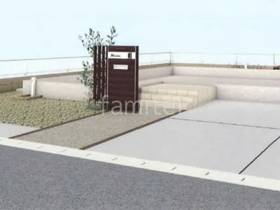 洗い出しのアプローチと木目の門柱が魅力的な新築オープン 和モダン外構