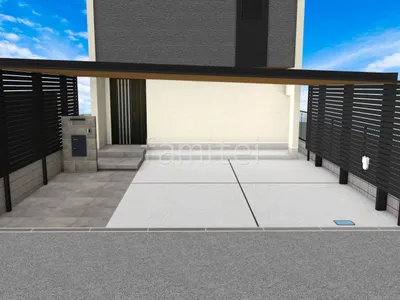 間口の広いカーポートがダイナミックな新築シンプル オープン外構