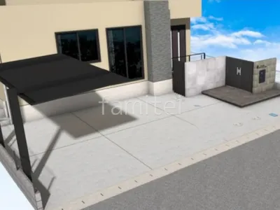 玄関まわりをタイル門柱で囲った新築シンプル セミクローズ外構