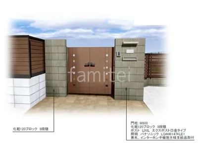 化粧ブロック門柱　両開き門扉