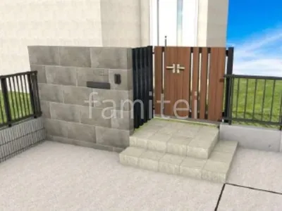 タイル門柱　親子開き門扉