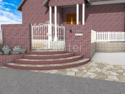 階段　乱形石　造作門柱　門扉