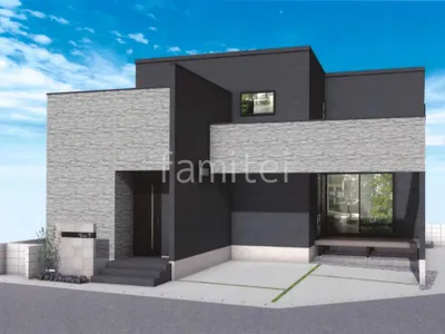 駐車場の人工芝目地が温かみのある新築シンプル オープン外構