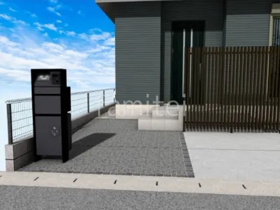 宅配ボックス付き機能門柱　アプローチ　洗出し