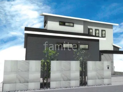 タイル門塀と角柱がモダンな新築シンプル オープン外構