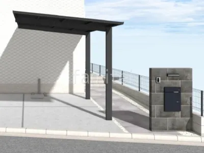 ブラックポリカのカーポートとタイル門柱がかっこいい新築シンプル オープン外構