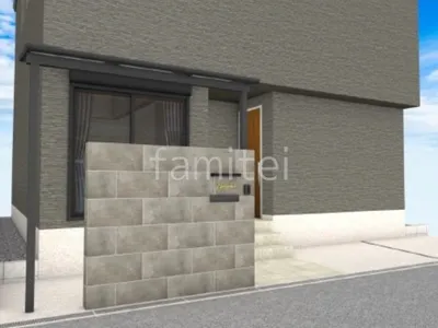 タイルの門柱とアプローチがかっこいい新築シンプル オープン外構