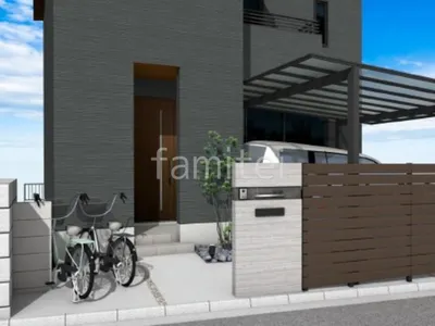 タイル門柱と目隠しフェンスが美しい新築シンプル セミクローズ外構