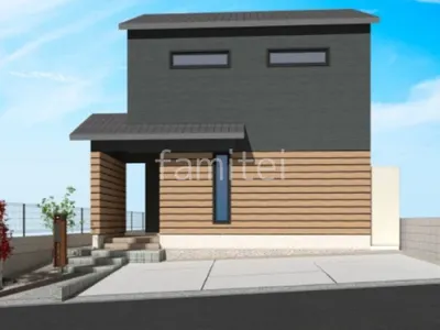 洗出しのアプローチと階段が高級感のある新築和モダン オープン外構